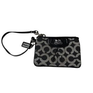 COACH Black Silver OP Art Wristlet GUC Logo Canvas Patent Leather Trim